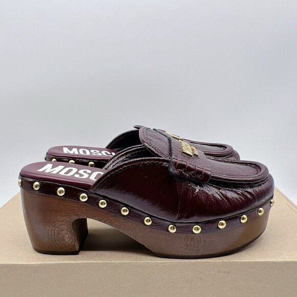 MOSCHINO 70MM Logo Patent Leather Platform Clogs BORDEAUX Red Womens EU 35 $770 - Picture 6 of 11